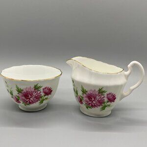 Vintage Adderley England Hand Painted Pink Chrysanthemums Open Sugar and Creamer